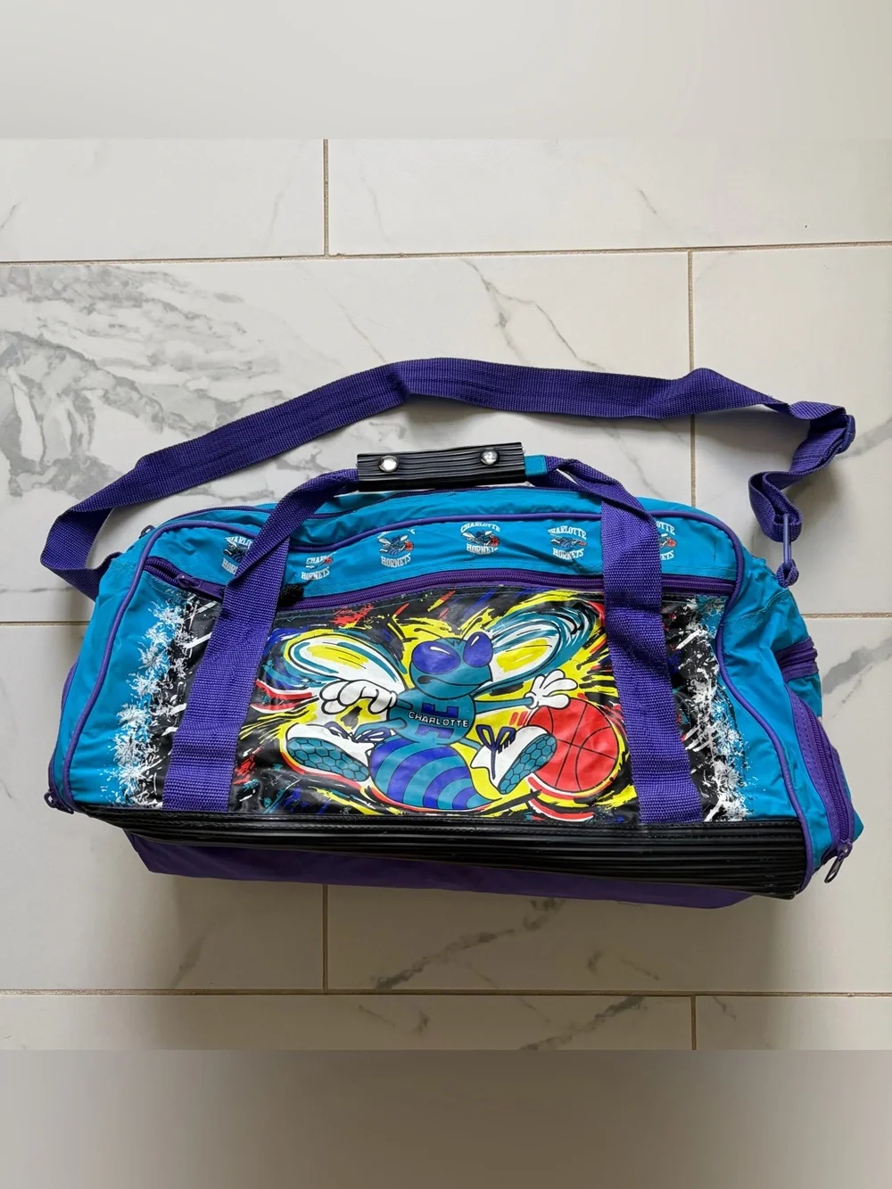 Vintage 1990s 90s Charlotte Hornets Duffle Bag Teal Purple Colorful Logo NBA